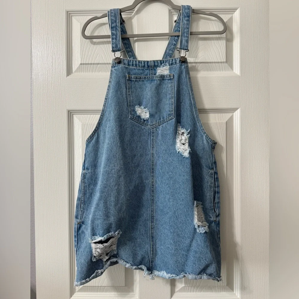 ✨SOLD✨CELLO Denim Distressed Overall Dress - Picture 1 of 7